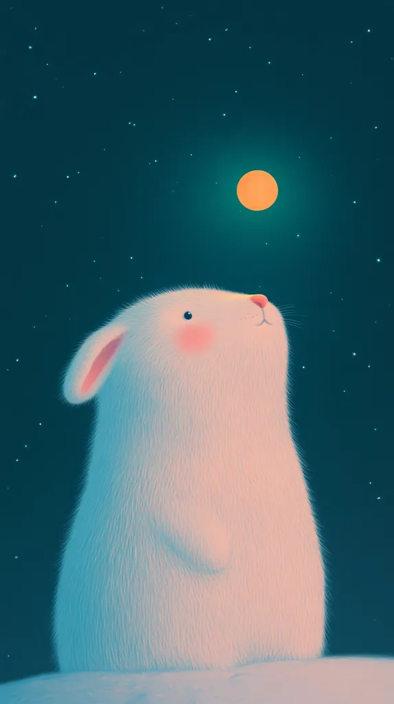 The image depicts a white, fluffy rabbit gazing upwards at a large, orange moon in a dark, starry sky. The rabbit has a soft, pink nose and a rosy blush on its cheeks. The background is a deep teal blue, filled with white specks of stars. The scene evokes a sense of wonder and tranquility, emphasizing the simple beauty of the natural world.