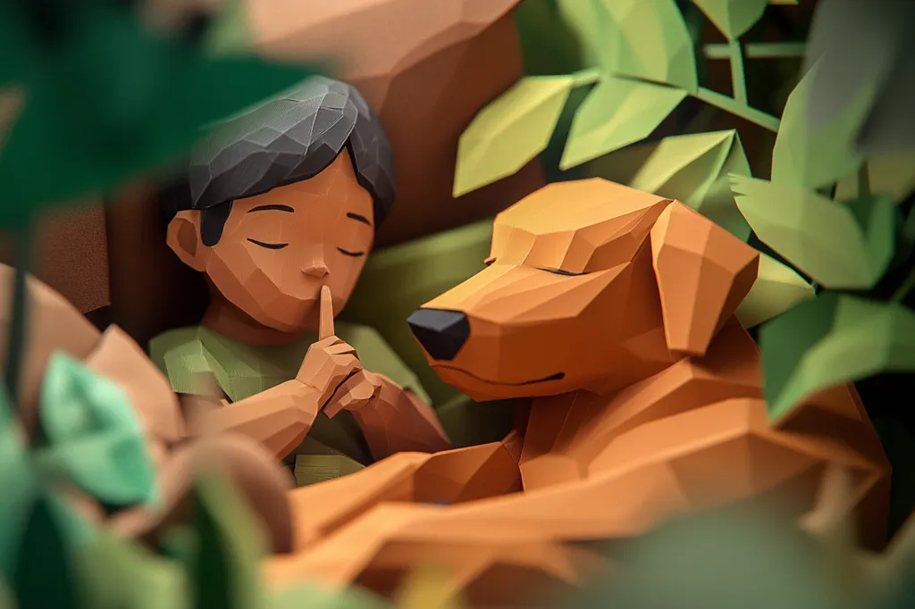 The image shows a papercraft scene of a young boy and his dog, both made of folded paper with a geometric style. The boy is holding his finger to his lips, indicating silence, while the dog is asleep beside him. Green paper leaves surround them, suggesting a natural, outdoor setting. The image has a warm, inviting tone, and the simple, geometric shapes give it a playful and charming aesthetic.