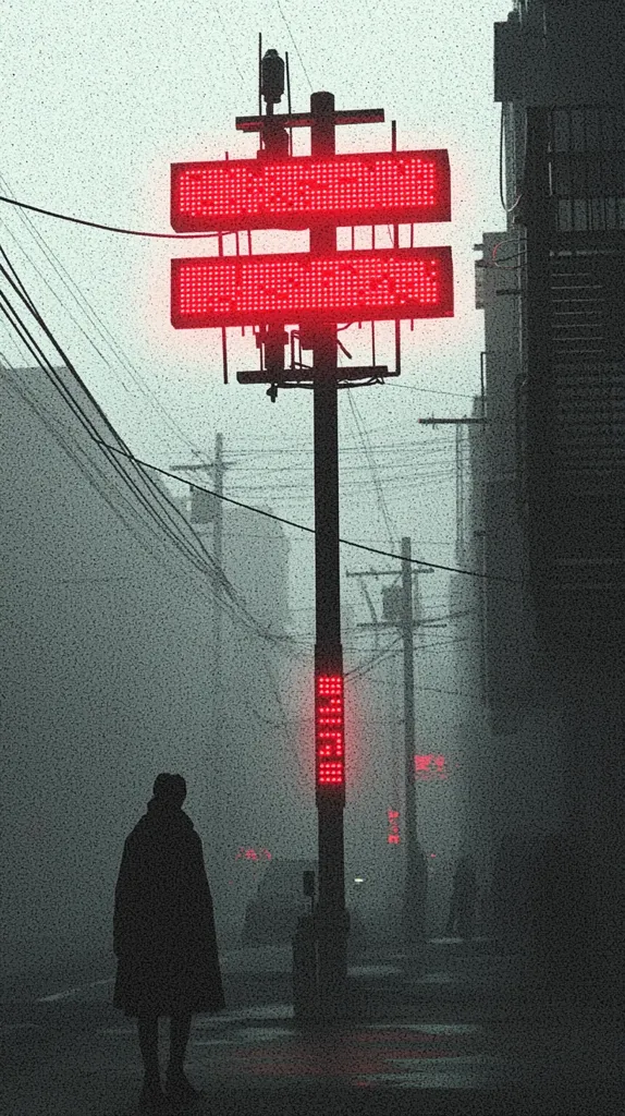 The image shows a street scene in a city, with a tall pole holding a large, illuminated red sign. A single figure stands in front of the sign, silhouetted against the bright display. The city is shrouded in fog, giving the scene a mysterious and atmospheric quality. There are numerous power lines overhead, creating a network of criss-crossing wires. The urban environment is characterized by tall, grey buildings, adding to the sense of anonymity and isolation.  The image evokes a feeling of quiet contemplation and the solitude of city life.