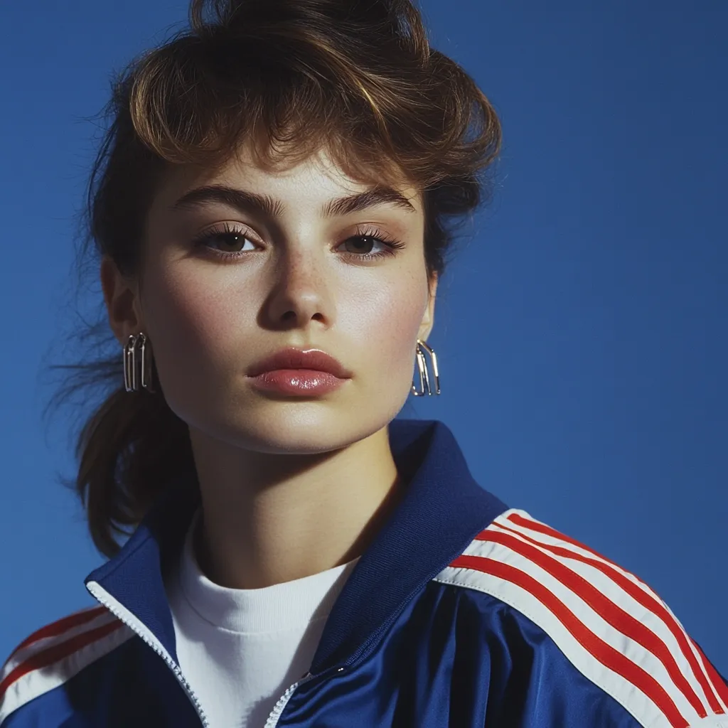 A young woman with brown hair styled in a bouffant and a blue and white tracksuit with red stripes looks intently at the camera. Her hair is parted in the middle and falls around her face in soft waves. Her expression is serious and focused, and she wears minimal makeup, highlighting her natural beauty.  The image is taken against a bright blue background, which creates a bold and vibrant contrast with her outfit and complexion.  The lighting is soft and diffused, which helps to create a sense of intimacy and draw the viewer's attention to the subject's eyes.