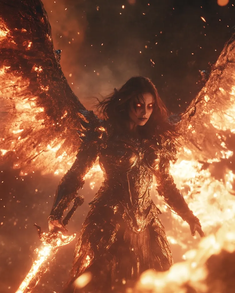 A fiery female warrior stands amidst flames, her wings ablaze. She wears armor that reflects the fire, her face stern and determined. She holds a sword, its blade glowing with an otherworldly light.  The scene evokes power and strength, a warrior ready to face any challenge.