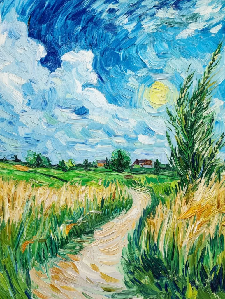 The painting depicts a sunny day in the countryside. A winding dirt path leads through a field of tall, golden wheat. Lush green trees line the horizon, with a few farmhouses visible in the distance. The sky is a vibrant blue, dotted with fluffy white clouds and a bright yellow sun. The thick brushstrokes and bold colors create a sense of movement and energy, characteristic of Impressionist art.