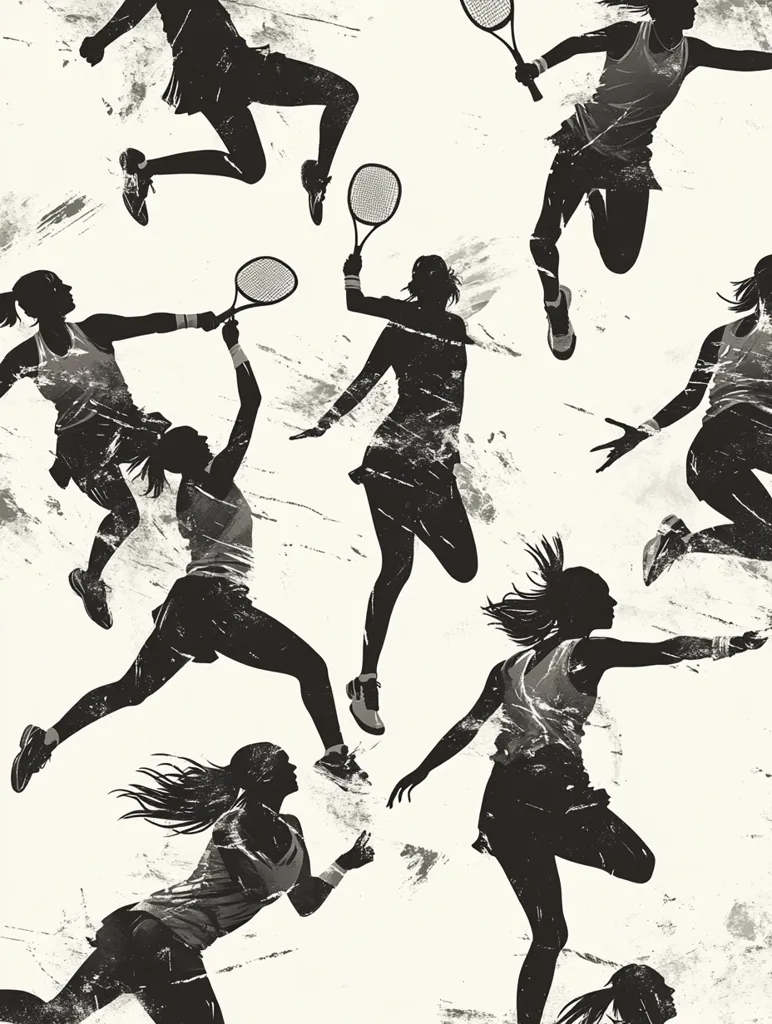 The image is a black and white illustration of several women playing tennis. The players are silhouetted against a white background with a grunge-like texture. The players are in various mid-action poses, reaching for the ball, swinging their rackets, and jumping.  Some are looking directly at the viewer, while others are looking away.  The rackets are also silhouetted, making them appear as part of the players’ bodies.  The image is dynamic and action-packed, conveying the energy and excitement of the game.