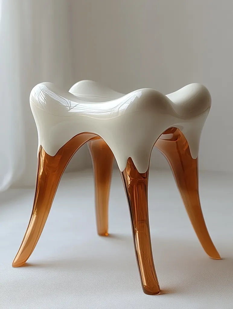 The image shows a modern, abstract stool with a white, wavy top and four long, slender legs made of translucent amber-colored material. The stool has a smooth, glossy finish and sits on a white surface. The stool’s unique design gives it a whimsical and artistic appeal.