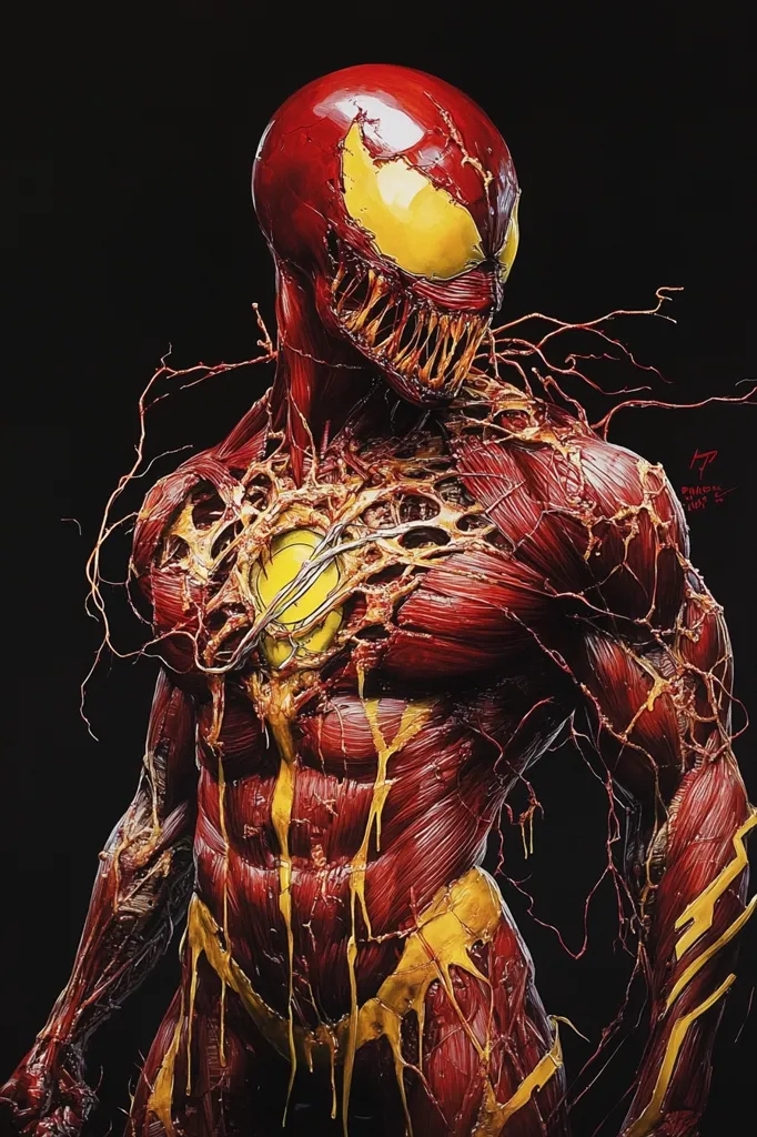 The image depicts a humanoid figure with exposed muscle and veins, resembling the character Venom. Its skin is a deep red, with yellow tendrils dripping down its body. The figure has a menacing expression with sharp teeth and a wide, open mouth. The image is dark and gritty, with a sense of violence and danger.  A signature from the artist is visible in the bottom right corner.
