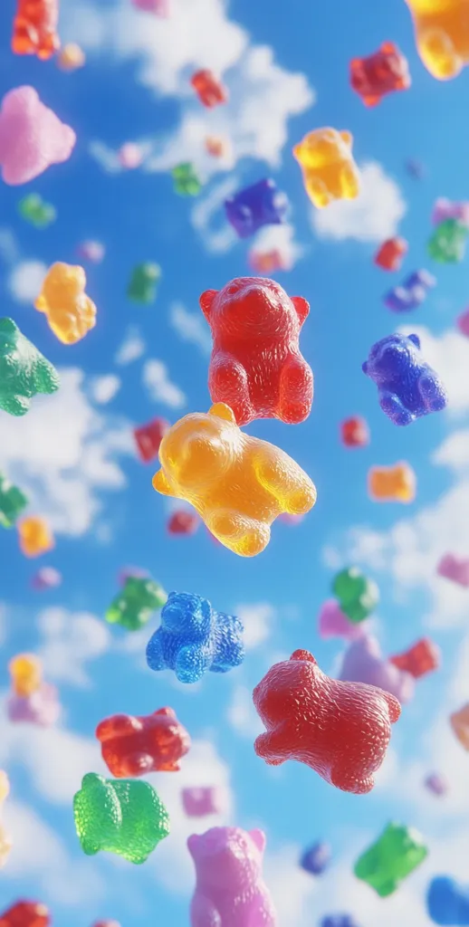 A whimsical scene featuring a bright blue sky dotted with white clouds and many colorful gummy bear-shaped candies. The gummy bears are suspended in mid-air, some falling, some rising, and others floating stationary. They come in a variety of colors including red, yellow, blue, green, pink, and orange, adding a playful and vibrant touch to the image.