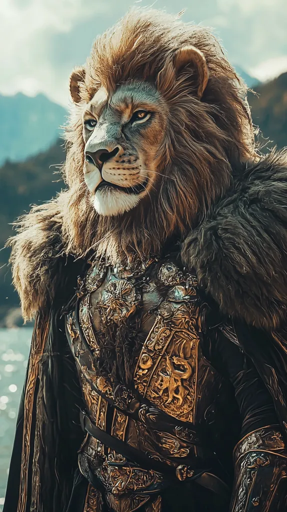 A majestic lion with a thick mane, wearing intricately designed golden armor and a dark cloak, stands against a backdrop of mountains and water. The lion's piercing gaze and regal posture suggest strength and power. The armor, adorned with intricate patterns, creates a striking contrast with the lion's natural fur, symbolizing the fusion of nature and civilization. The overall image evokes a sense of grandeur and authority.