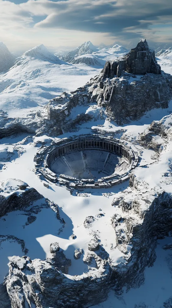 The image shows a snowy mountain landscape with a large, circular structure nestled in a valley. The structure appears to be an ancient amphitheater or arena, built into the side of a mountain. The snow-covered peaks and the cloudy sky create a dramatic and awe-inspiring backdrop for the ruins. The scene evokes a sense of mystery and grandeur, suggesting a lost civilization or a forgotten era.