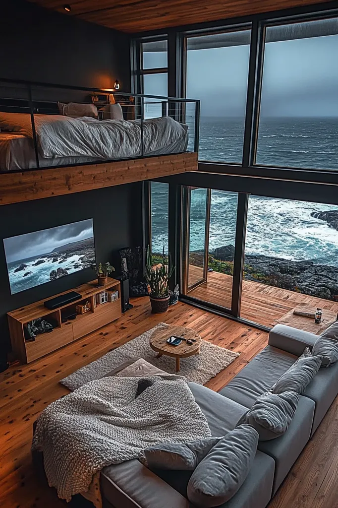 The image shows a modern living room with a loft bed above. The room has large windows that offer a stunning view of the ocean and rocky coastline. The living room features a cozy couch, a coffee table, and a TV mounted on the wall. The room is decorated in a minimalist style with natural wood tones and neutral colors. The overall atmosphere is one of relaxation and tranquility.