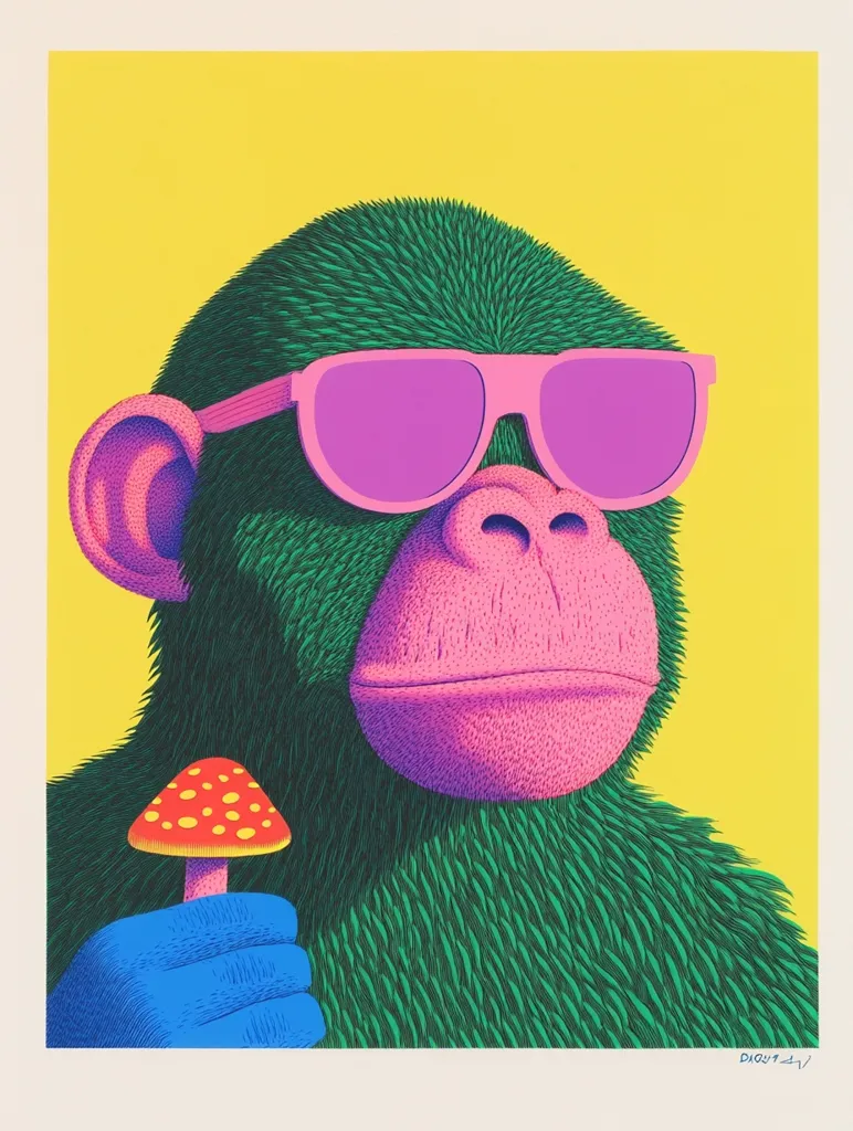 A stylized illustration of a monkey with a bright green, furry face, pink lips and nose, and large purple sunglasses. The monkey holds a red and yellow mushroom in its hand. The background is a bright yellow. The image is in a retro, 1970s style.