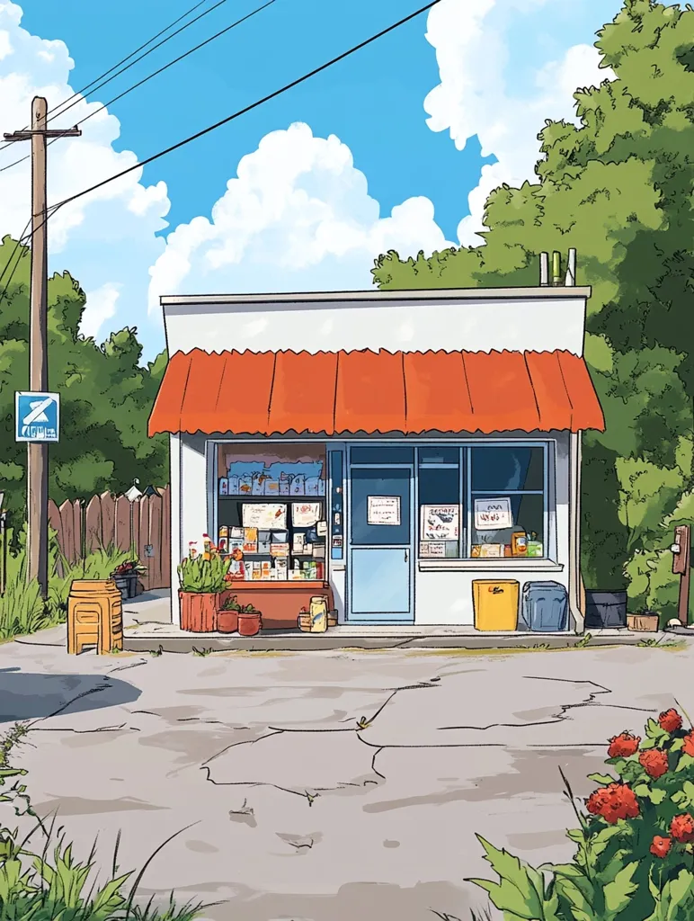 The image depicts a small, white shop with an orange awning. It has a large window displaying various goods, a blue door, and two trash cans. The shop is situated on a cracked, grey sidewalk. There are green bushes and trees surrounding the shop, and a power line runs overhead. The sky is bright blue with white clouds. The scene gives a peaceful and idyllic impression of a small town shop.