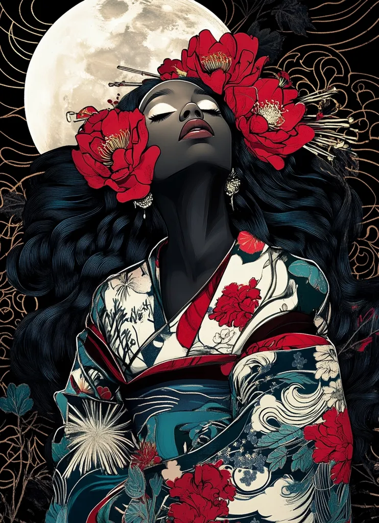 The image is of a woman with long black hair and dark skin, wearing a traditional Japanese kimono with red and white flowers and a blue and white wave pattern. She has red flowers in her hair, with one partially covering her face. She is looking up at a large, bright moon, with a serene expression. The background is dark, with gold and black patterns, creating a striking contrast with the woman's vibrant kimono.  The image evokes a sense of beauty, mystery and tranquility.