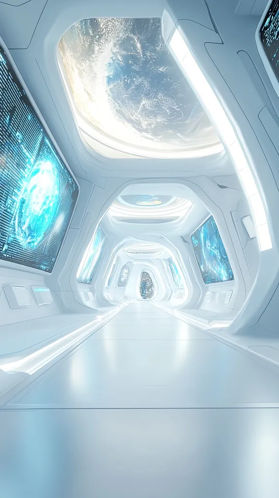 The image depicts a futuristic, white hallway with a glossy floor. The walls are adorned with large, glowing screens displaying blue data patterns and a view of Earth from space.  The hallway extends into the distance, disappearing into a bright white light. The overall feel is sterile and modern, evocative of a spaceship or a high-tech research facility.
