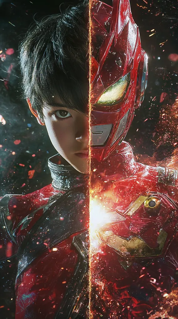 The image shows a young boy with dark hair. His face is split in half. On the left side, the boy has a serious expression, while on the right side, he is wearing a red and black superhero mask. The background is filled with fiery red and orange hues, suggesting a superhero transformation. The image is visually striking and evokes a sense of power and determination.