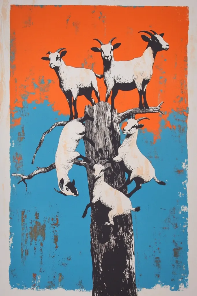 The image is a print of five goats, all white with black markings, climbing on and around a tree. The tree trunk is thick and dark, and the goats are positioned in various precarious ways. The background is a bright orange gradient that fades into a turquoise blue, suggesting a sunset or sunrise. The print is likely a piece of art that was made with a hand-carved stencil and ink.