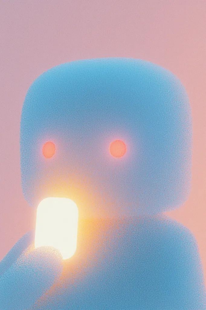 A 3D rendering of a cartoonish, blue and white character with round red eyes. The character is holding a bright white object in its hand, and the background is a soft pink. The image is stylized and whimsical.