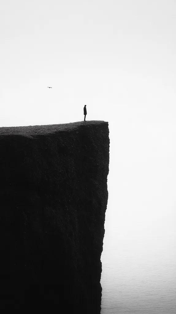The image is a black and white photograph of a solitary figure standing on the edge of a cliff. The figure is silhouetted against the clear sky, while the cliff face is a dark, looming presence. The ocean stretches out beyond the cliff, its surface a hazy blur in the distance. The overall effect is one of isolation and contemplation. The image evokes feelings of solitude and introspection, suggesting a moment of quiet contemplation at the edge of the world.