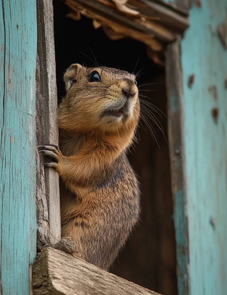 A small, brown rodent with a long snout and large, black eyes peeks out from a hole in a wooden wall painted turquoise. Its fur is thick and soft, and its whiskers are long and twitching. The animal looks curious and alert, its head tilted slightly to one side. The background is out of focus, highlighting the animal's furry body and playful expression.