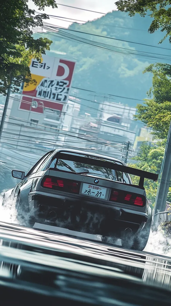 A silver car with a large rear spoiler is speeding down a wet road, leaving a trail of smoke and a reflection of the road behind it. The car is positioned in the lower portion of the frame, with a blurred background of a mountain, trees, and an advertisement sign. The image evokes a sense of speed and motion, as well as a feeling of freedom and excitement.