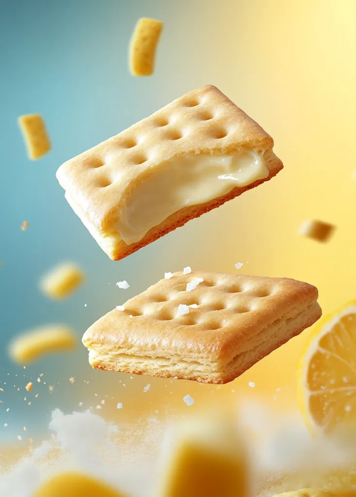 The image showcases two golden, flaky crackers, one with a creamy filling partially exposed, floating in mid-air against a soft, blurred background of yellow and blue hues.  Tiny pieces of cracker crumbs and a sprinkle of salt add a touch of whimsy to the scene. The image is reminiscent of a carefree summer day, highlighting the simple joy of a delicious snack.  A sliver of lemon peeks from the bottom right corner, adding a subtle hint of citrus.