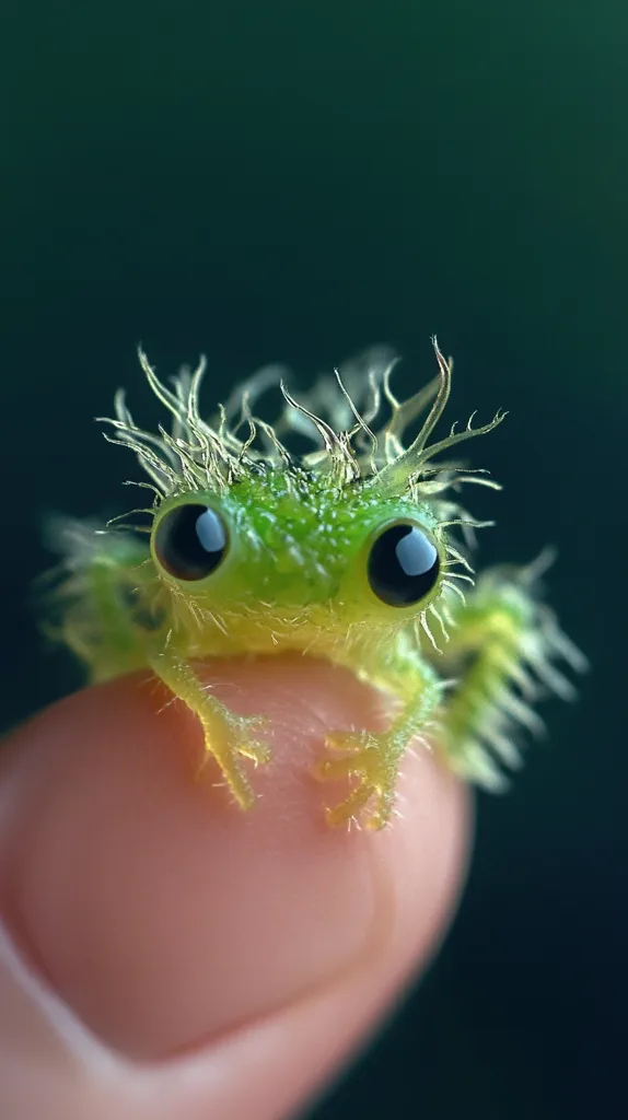 A tiny, green frog with large, dark eyes sits on a finger. Its skin has a fuzzy, spiky texture. The frog is perched on the finger, its toes curled around the fleshy surface. The backdrop is a dark, blurred green, creating a stark contrast with the frog's bright green body.