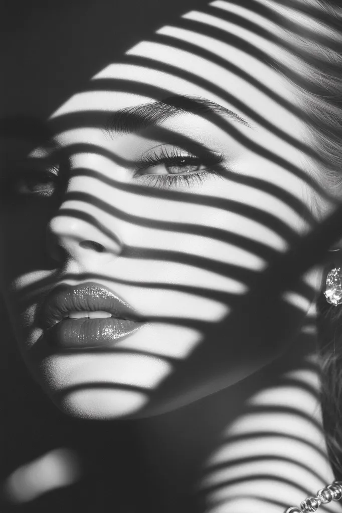 The image is a black and white portrait of a woman's face. The woman's face is partially obscured by the shadows of horizontal lines, creating a striking contrast of light and dark. Her eye is visible, gazing off into the distance, and her lips are slightly parted, suggesting a sense of mystery. The image is simple yet captivating, evoking a sense of beauty and intrigue.