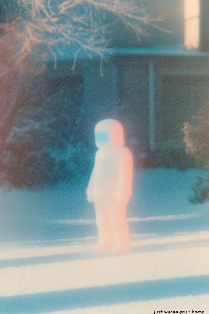 The image is a grainy, blurry shot of a figure in a white suit walking in the snow. The figure is blurred and ghostly, and the background is out of focus, suggesting a dreamlike or surreal atmosphere. The image is captured in a cool color palette, with blues and grays dominating the scene, adding to the feeling of winter and isolation.  The text "just wanna go home" at the bottom reinforces the sense of yearning and longing.