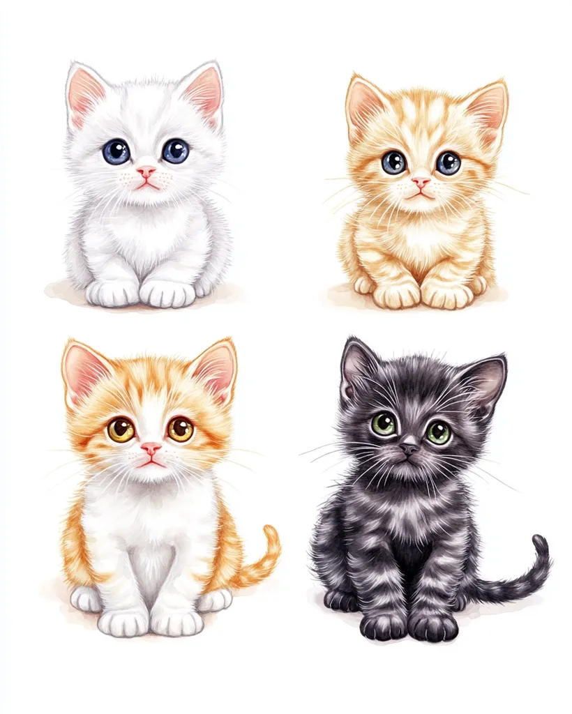 The image shows four adorable kittens, each with different fur colors. The top left kitten is white with blue eyes, the top right is orange with blue eyes, the bottom left is orange and white with yellow eyes, and the bottom right is black with green eyes. They all have big, expressive eyes and are looking directly at the viewer. The image is drawn in a realistic style with soft, fluffy details.
