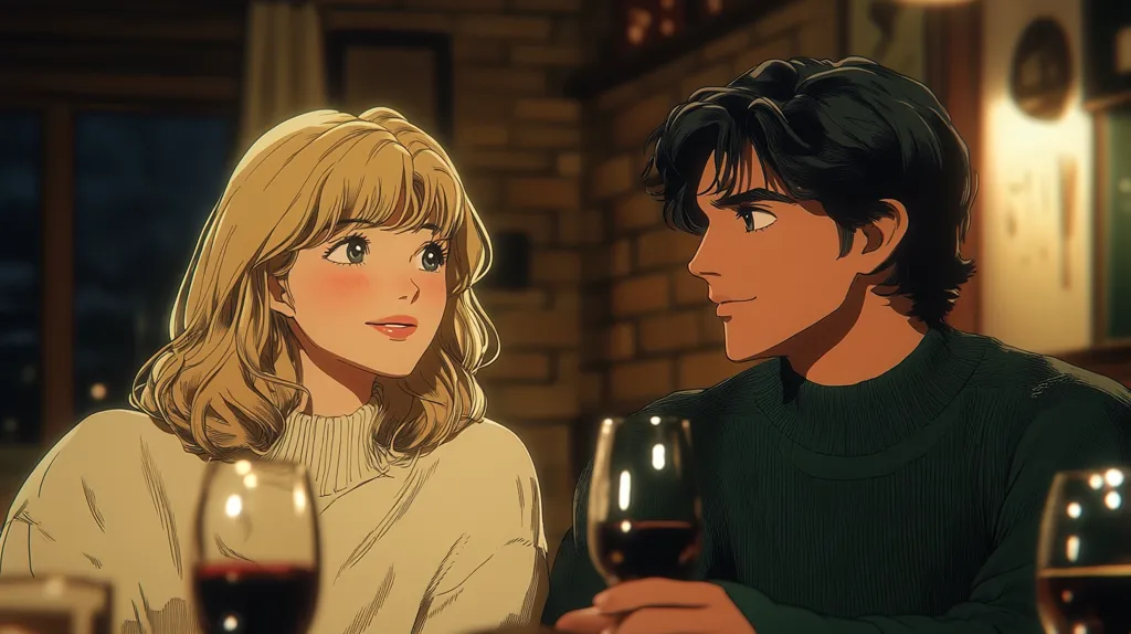 A young couple, an anime-styled man with dark hair and a woman with blonde hair, are sitting at a table, looking at each other with smiles. The man is holding a glass of red wine, and the woman is looking at him with adoration. The image has a warm and romantic atmosphere, with soft lighting and a cozy background.  They appear to be enjoying their time together.