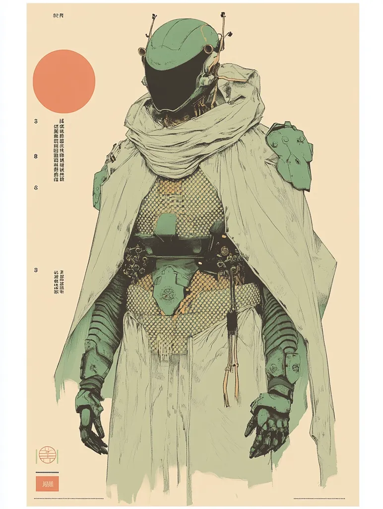 The image depicts a futuristic warrior, clad in a green and white armor, standing against a beige backdrop. A large red circle with Japanese text is visible in the upper right corner. The warrior wears a helmet with a black visor, covering their face. The armor is intricately detailed, with a white cloak draped over it. The warrior's posture is stoic, with their hands clasped in front of them. The overall design of the image is minimalist, with a focus on the warrior's imposing presence. The Japanese text adds an element of mystery and intrigue to the piece.