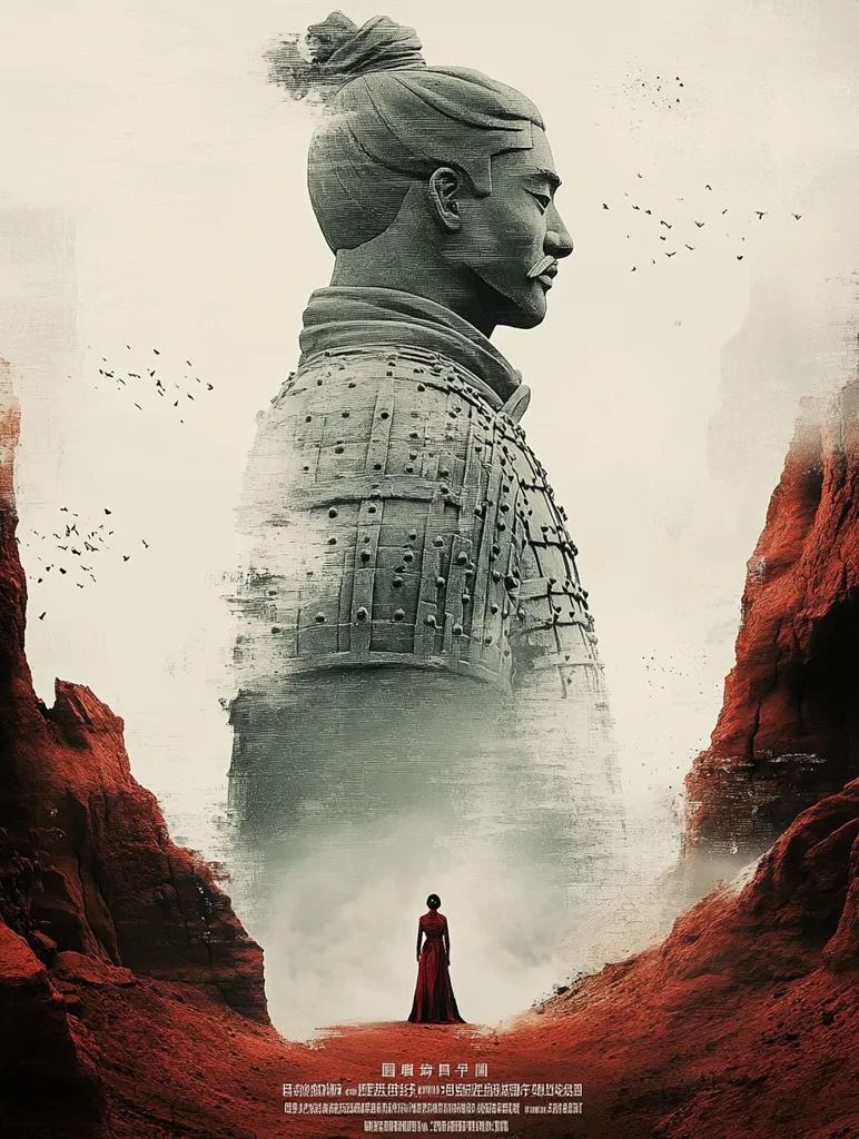 The image is a digitally-created piece of art. A large, faded figure of a warrior stands in front of a red canyon. The warrior has a stern expression and is wearing armor. A woman in a red dress stands in the foreground, dwarfed by the warrior. The image is dominated by red and grey tones, with a hazy, ethereal quality. The text at the bottom is in Chinese. The image evokes a sense of history, power, and mystery.