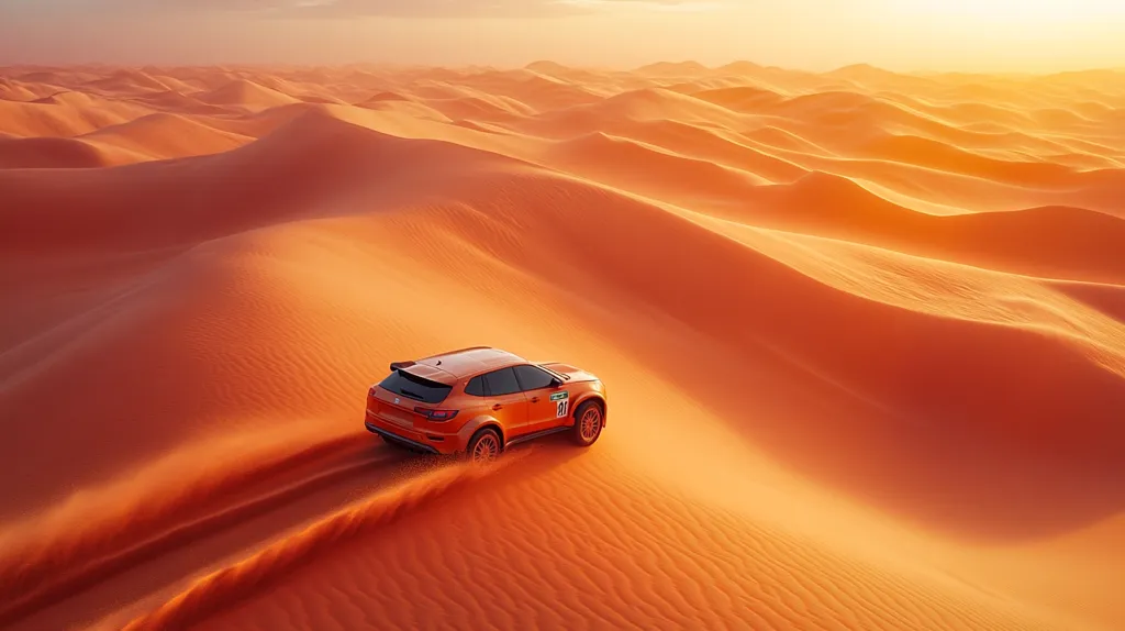A bright orange SUV drives across a vast desert landscape. The sand dunes are a soft, warm orange, illuminated by the golden light of the setting sun. The vehicle kicks up a trail of dust as it traverses the undulating terrain. The scene is a stunning representation of the beauty and grandeur of the desert.