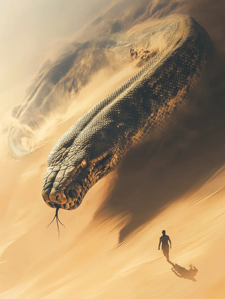 A giant, scaly serpent emerges from the sand dunes of a desert. Its head is close to the ground, its forked tongue extended. A lone figure walks in the distance, dwarfed by the enormous snake, seemingly unaware of the looming danger. The scene is a dramatic juxtaposition of human vulnerability against the power of nature.