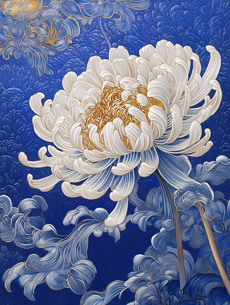 The image depicts a close-up of a white chrysanthemum flower with a golden center, set against a deep blue background. The flower's delicate petals are intricately detailed, and the background features swirling, blue floral patterns that enhance the image's elegance and beauty. The contrasting colors create a visually striking composition, drawing the viewer's attention to the bloom's intricate beauty.
