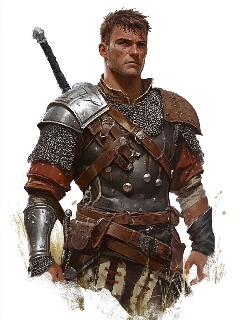 The image depicts a man in medieval armor, standing against a white background. He is wearing a chainmail shirt, a leather jerkin, and a metal breastplate. His left arm is covered in metal armor, and he is holding a sword in his right hand. He has short brown hair and a serious expression. His attire and weaponry suggest he is a warrior, possibly a knight or a soldier.  The overall image evokes a sense of strength, readiness, and preparedness for battle.