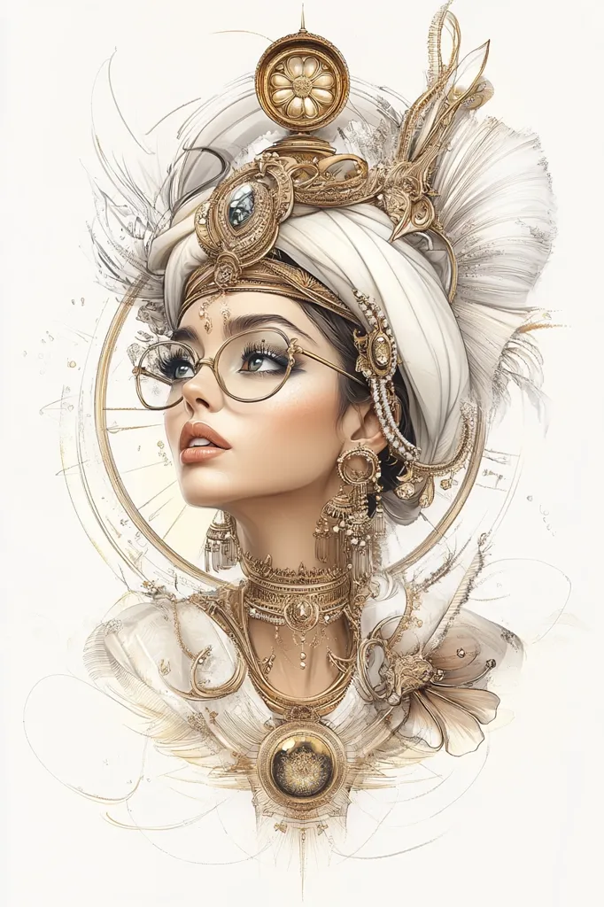 The image depicts a woman with a delicate, almost ethereal beauty. She wears a white turban adorned with intricate gold jewelry, and round, gold-rimmed spectacles. The surrounding design features swirling patterns and delicate golden embellishments, creating an intricate and luxurious atmosphere. The woman's expression is gentle, her gaze upwards, as if lost in thought or contemplating a grand vision. The overall image evokes a sense of elegance, mystery, and a touch of whimsical fantasy.