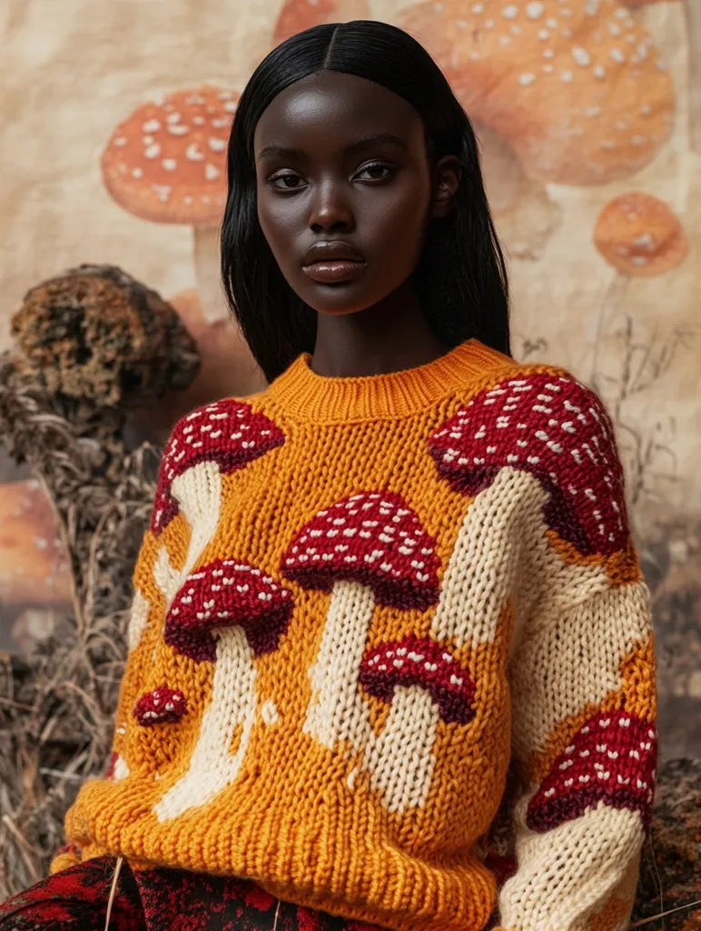 A young woman with long black hair looks directly at the camera. She is wearing a mustard yellow sweater with a knitted mushroom design. The sweater is a chunky knit and features red and white mushrooms on an orange background. She is sitting in a forest setting with large mushrooms in the background.