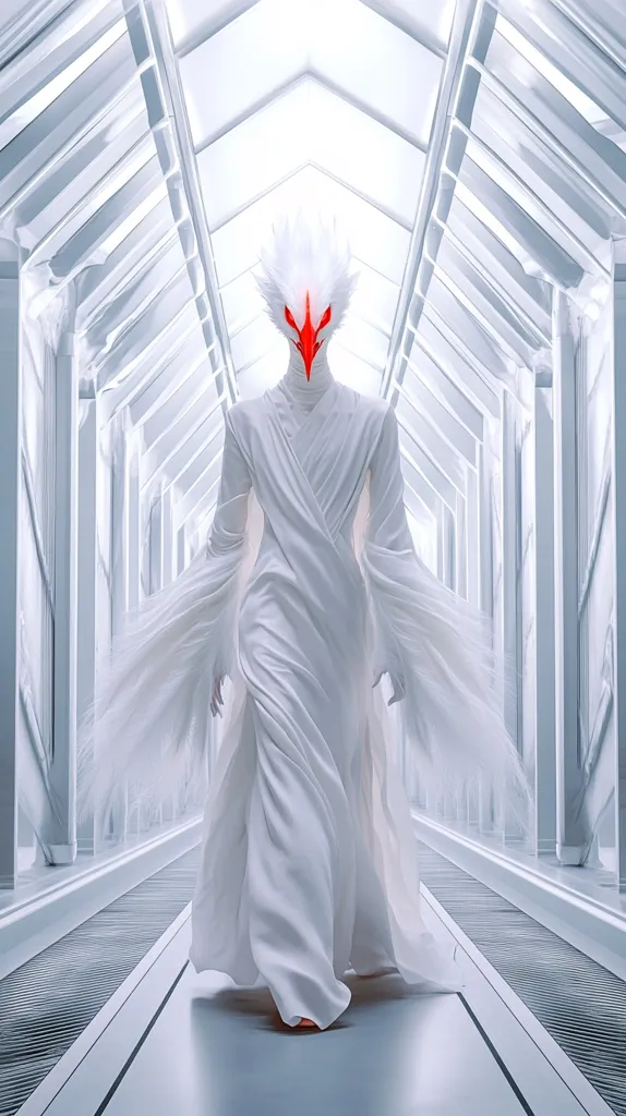 A figure in a flowing white gown and a red beak mask walks down a stark white hallway. The hallway is lined with white walls and has a grid pattern on the floor. The figure's long white sleeves billow out behind them as they walk. The stark contrast between the white and the red creates a dramatic and mysterious image. The figure's face is hidden by the mask, adding to the sense of mystery and intrigue. The image is both beautiful and unsettling.