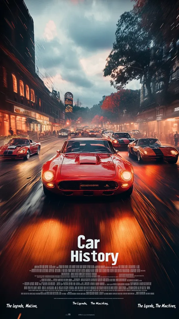 The image shows a poster for a movie titled "Car History". It features a red classic sports car driving down a street lined with old buildings. The car is in focus, while the background is blurred and the street appears wet. The poster uses warm colors and creates a sense of nostalgia and speed. The tagline at the bottom says "The Legends, The Machines".