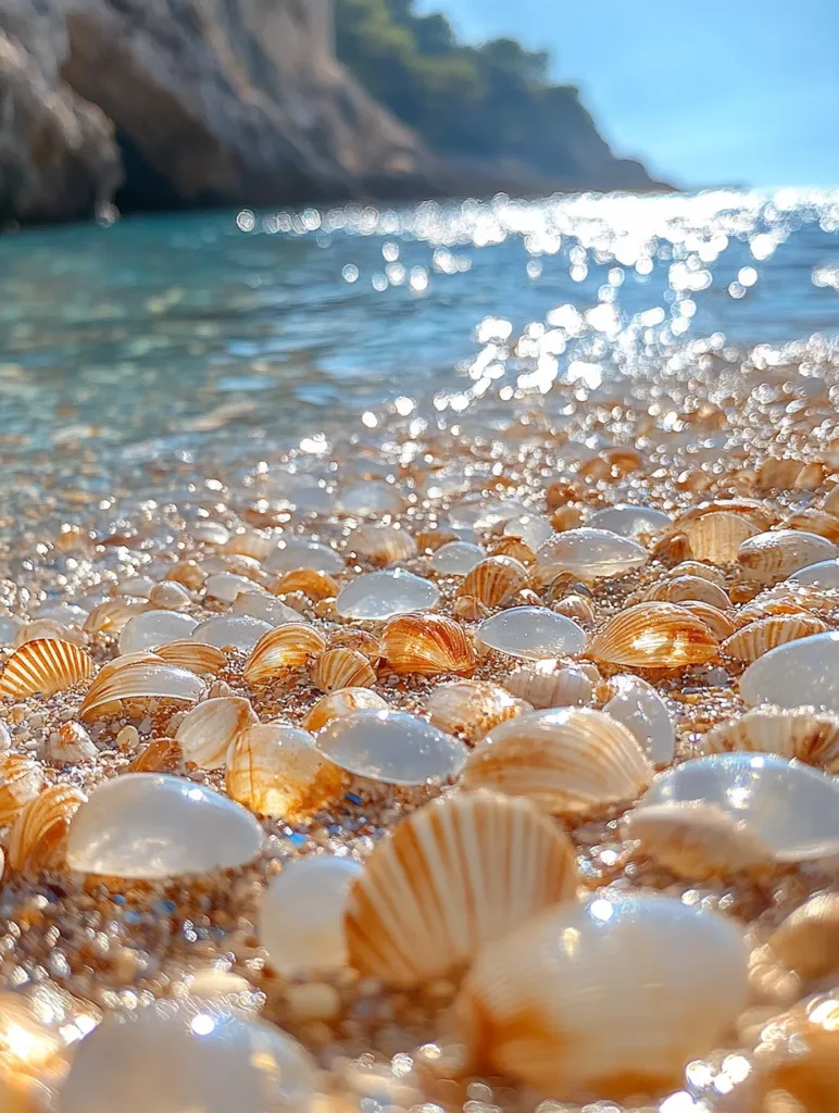 A close-up shot of a sandy beach with seashells scattered across the sand. The shells are mostly white and brown, with some glistening in the sunlight. The clear blue water of the sea is visible in the background. The image captures the beauty of a peaceful beach scene.