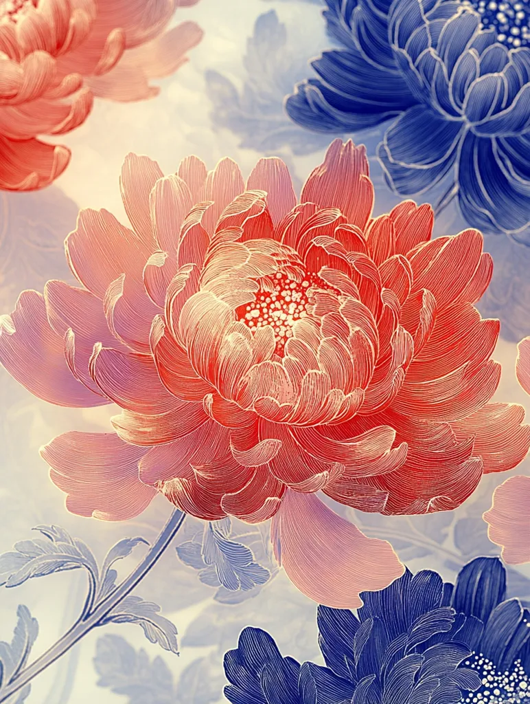 A close-up view of a vibrant floral pattern. A large, pink and red flower dominates the center, with its delicate petals outlined in gold.  Two blue flowers peek out from behind, their intricate details adding a sense of depth and contrast. The background is a soft, creamy white, making the flowers pop against the light. The image evokes a sense of delicate beauty and intricate detail.