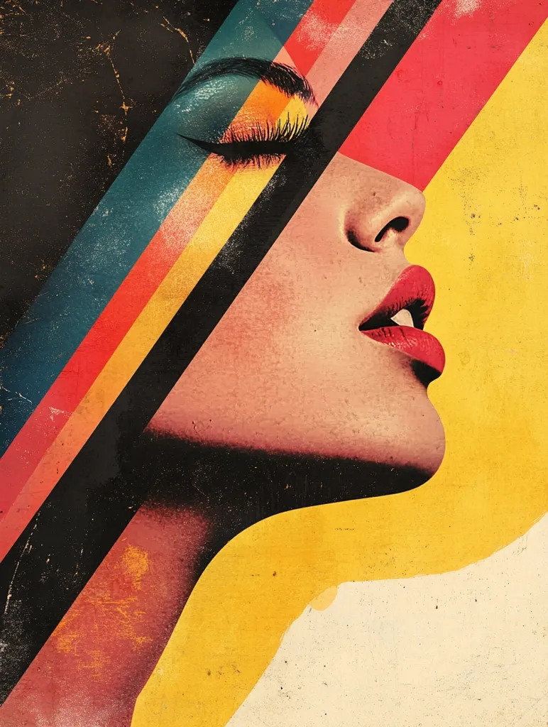 The image features a woman's face, partially obscured by a series of colorful stripes in a vintage style. Her eye is closed, and her lips are slightly parted. The background is a textured, faded yellow with hints of red and cream. The overall aesthetic is bold, geometric, and reminiscent of 1960s and 1970s design.  The image has a retro and artistic vibe.