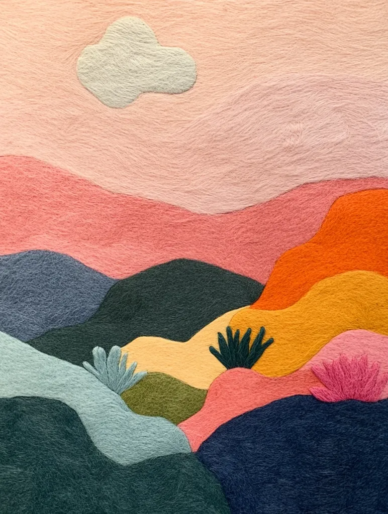 A vibrant, abstract landscape made of felt. The image depicts a sunset over rolling hills, with a soft, fluffy cloud floating above. The colors are rich and varied, including pink, orange, yellow, green, and blue. The texture of the felt adds a tactile dimension to the piece. The overall effect is calming and whimsical.