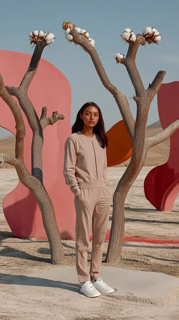 A young woman in a light brown jumpsuit stands in front of a whimsical desert backdrop. The sand is light and the sky is a clear blue. The woman is wearing white sneakers and looking directly at the camera. The branches of a cottonwood tree reach up from the ground, creating a natural frame around her. Large, abstract, pink and orange shapes seem to have been carved into the desert floor.