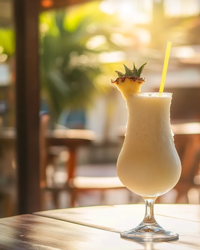 A refreshing pineapple-topped cocktail sits on a wooden table. The drink is light yellow and creamy, likely a pina colada. The background is blurred, but it appears to be an outdoor setting with sunlight and greenery. The image evokes a sense of relaxation and tropical vacation.
