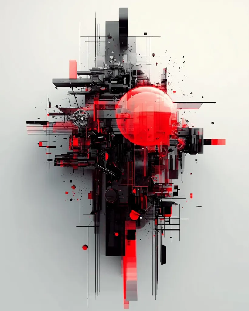 The image is a complex, abstract design featuring a central red orb surrounded by a multitude of black geometric shapes. The shapes are arranged in a seemingly random pattern, creating a sense of depth and dimension. The overall effect is one of chaos and energy, suggesting a dynamic and ever-changing environment. The red orb is the focal point, drawing the viewer's attention and creating a sense of tension within the composition. The image evokes a feeling of futuristic technology and abstract art.
