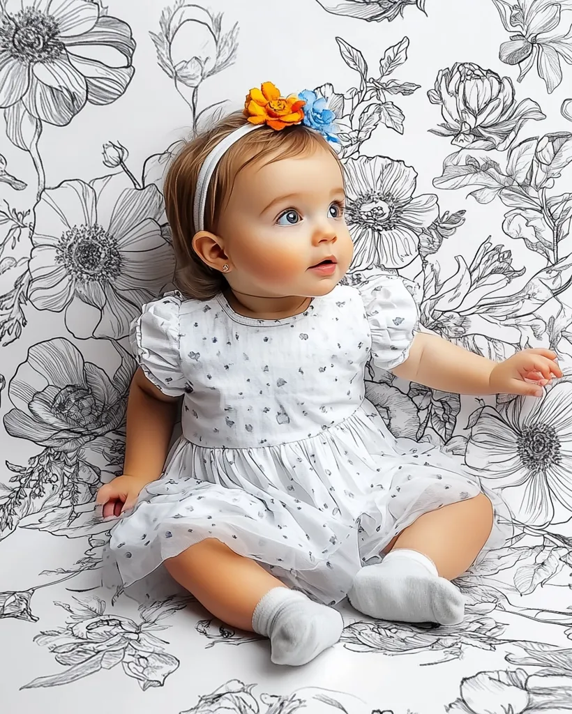 A baby girl with big blue eyes sits in front of a white background with black floral patterns. She is wearing a white dress with tiny blue dots and a headband with orange and blue flowers. She has a curious expression, looking off to the side. Her legs are crossed and she is wearing white socks. The image captures the innocence and sweetness of childhood.