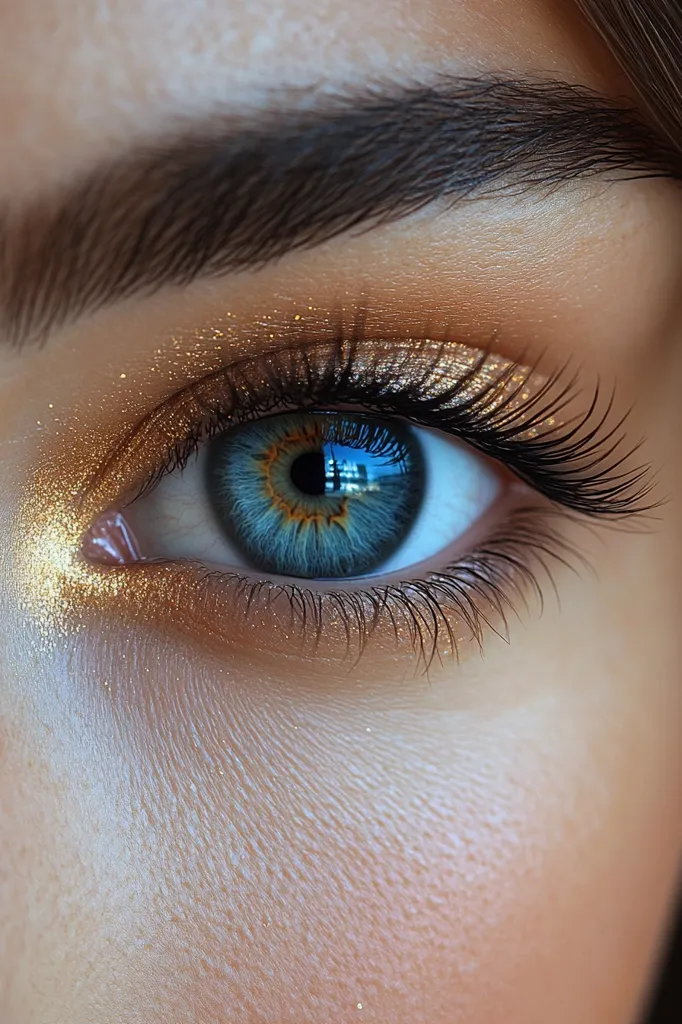 The image is a close-up of a woman's eye, focusing on the intricate details of makeup. The eye is framed by a perfectly shaped eyebrow and long, dark eyelashes. The eyelid is adorned with a shimmering, golden eyeshadow, creating a captivating contrast against the blue iris. The reflection in the pupil hints at the surrounding environment, adding depth to the image. The overall effect is one of beauty and elegance, showcasing the artistry of makeup application.