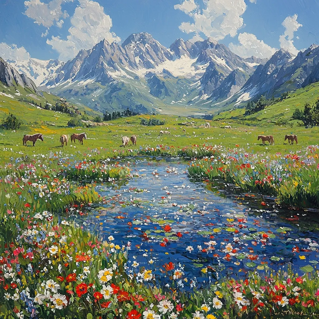 A serene landscape painting depicts a winding stream flowing through a meadow, dotted with wildflowers in shades of red, white, and yellow, against the backdrop of majestic snow-capped mountains under a bright blue sky with fluffy clouds. A few horses graze peacefully in the distance, adding a touch of tranquility to the scene. The vibrant colors and meticulous brushstrokes create a captivating visual experience, evoking a sense of peace and wonder.