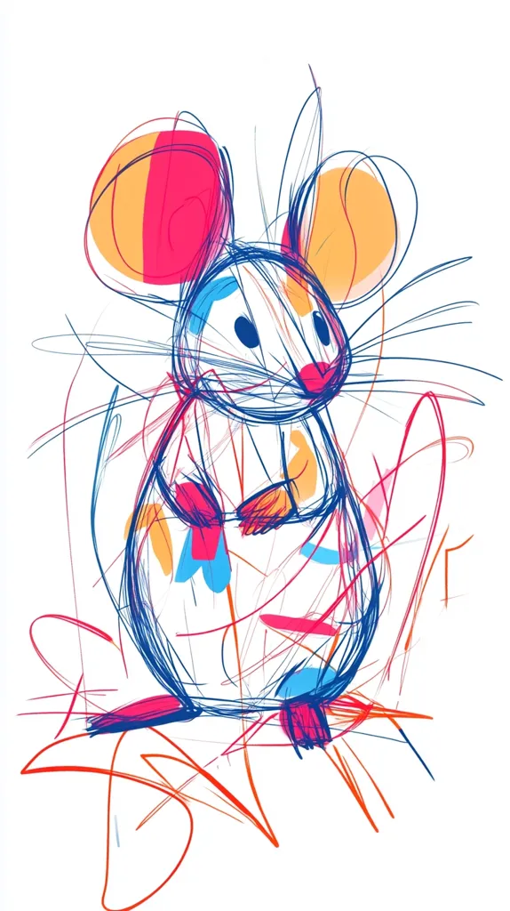 A cartoon mouse is drawn in a scribbly, colorful style.  The mouse has large, rounded ears, a small, pointed nose, and big, black eyes.  The background is a swirl of blue, red, and orange lines. The overall image is whimsical and playful.